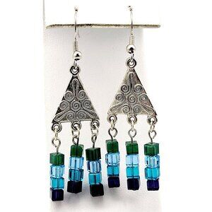 Artisan Chandelier Earrings Blue Square Glass Beads Silver Tone 2 3/8" Fashion